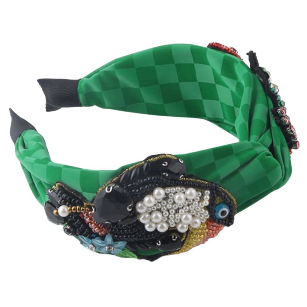 New Handmade Green Gems Beaded Glamorous and Pearls Parrot Quality Headband - Picture 8 of 8